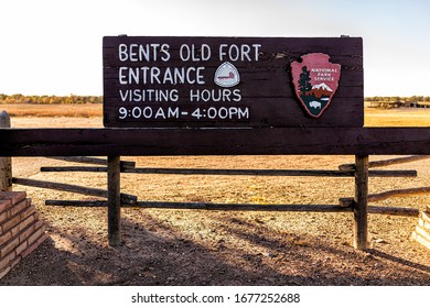 La Junta, USA - October 14, 2019: Sign For Bents Old Fort Visiting Hours Center National Park Service In Colorado Closeup