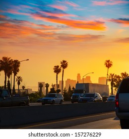 LA Los Angeles Sunset Skyline With Traffic California From Freeway