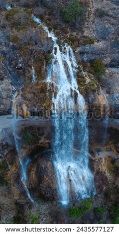 La Mea waterfall seen from a drone. Between Quintanilla Valdebodres and Puentedey in the area of the Canales del Dulla. The Merindades. Burgos. Castile and Leon. Spain. Europe