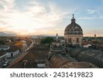 La Merced church in Granada at sunset. Colonial streets in background, Nicaragua