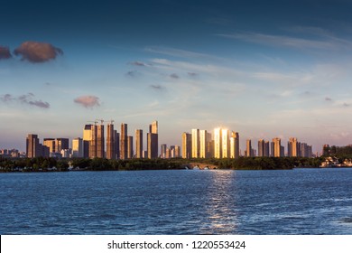 La Mexicana, Santa Fe, Mexico City: June 9, 2018, Panorma Of Skyline Of Mexican Upper Class Expensive Urban Buildings With Park And Lake