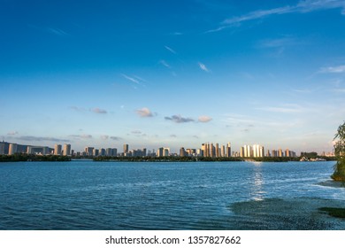 La Mexicana, Santa Fe, Mexico City: June 9, 2018, Panorma Of Skyline Of Mexican Upper Class Expensive Urban Buildings With Park And Lake