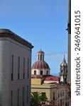 La Orotava, narrow street view of the old town with church towers