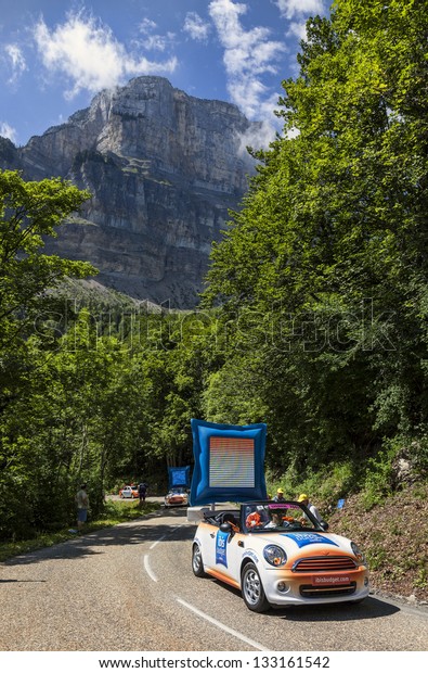 LA PALUD,FRANCE,JUL 13:Car of Ibis Budget Hotels\
during the passing of the Publicity Caravan on the road to mountain\
pass Granier in the 12 stage of the Le Tour de France on July 13\
2012 in La Palud.