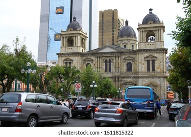 LA PAZ, BOLIVIA - 19 March 2019. Traffic Jam In Front Of The Cathedral Basilica Of Our Lady Of Peace In La Paz.