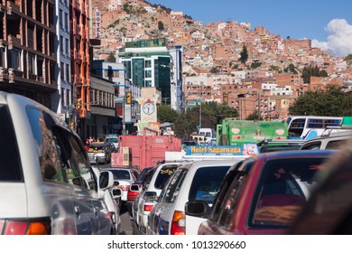 La Paz, Bolivia - February 25 2010: The Traffic Jam In The Busy Street In The Historic Downtown La Paz, Where People Are Preparing The Celebration Of Carnival.