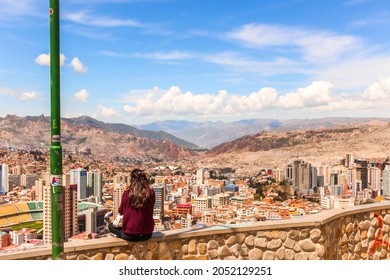 La Paz, La Paz Department, Bolivia. April 6, 2018: Tourist At Killi Killi Viewpoint Contemplating La Paz