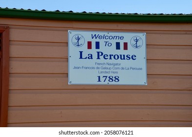 La Perouse, Botany Bay, Sydney, New South Wales, Australia - July 3 2021: Sign At Bus Stop At La Perouse Explaining How French Navigator Jean-Francoise De Galaup Com De La Perouse Landed There In 1788