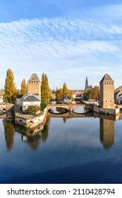 La Petite France with bridge over river Ill water tower portrait format copyspace copy space Alsace in Strasbourg, France city - Shutterstock ID 2110428794