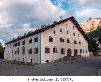 La Punt, Switzerland - September 29, 2021: Big traditional swiss house at La Punt in Engadine, canton Graubunden in Switzerland.
