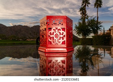 La Quinta Ca USA - Nov 1 2020: Chinese Lantern Lit On Table Near Golf Course Lake