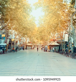 La Rambla Street. The Most Popular Street In Barcelona Early In The Morning. Almost Empty. Spain