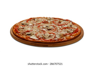 La Roma Pizza With Bacon And Champignons.On White Background