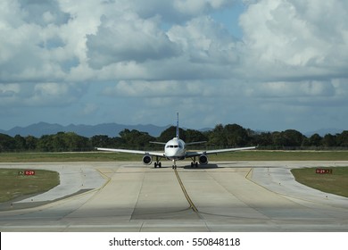 LA ROMANA, DOMINICAN REPUBLIC - JANUARY 4, 2017: Jet Blue plane on tarmac at La Romana International Airport. The Dominican Republic is the most visited destination in the Caribbean