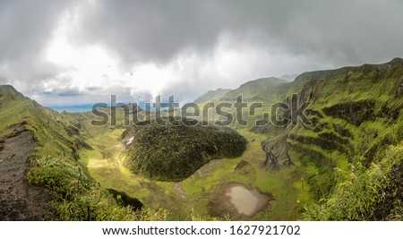La Soufriere volcano crater panorama with tuff cone hidden in green, Saint Vincent and the Grenadines
