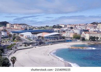 La Coruña, Spain; 04-13-2022: Aerial View Of Riazor Beach In La Coruña With The Soccer Stadium Of The Same Name In The Background.