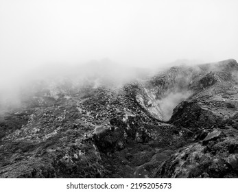 La Soufrière Volcano Peak, Fog Coming Out Of The Crater, Black And White