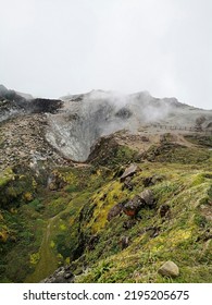 La Soufrière Volcano Peak, Fog Coming Out Of The Crater, Portrait View