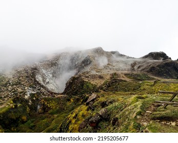 La Soufrière Volcano Peak, Fog Coming Out Of The Crater, Landscape View