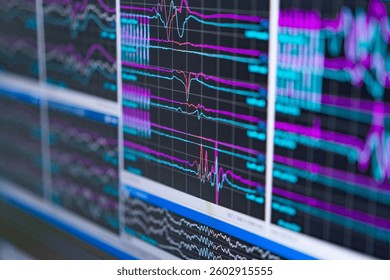 Lab analysis of signals. Colorful graphs on a computer show electronic signals, highlighting data patterns in a lab setting.