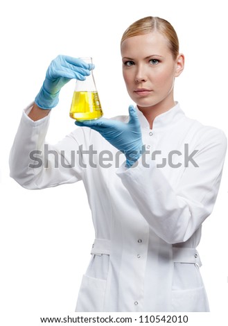 Similar – Image, Stock Photo Female chemist hand holding magnifying glass to analyze golden glitter sample on petri dish in lab