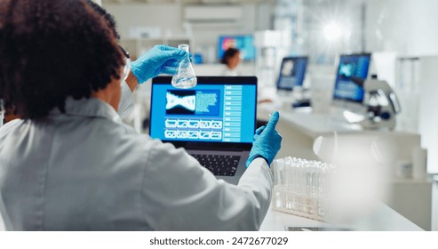 Lab, back and woman for science research, bio technology and gene mutation with laptop for data analysis. Bioinformatics, innovation study and beaker with chemical, life expansion and development