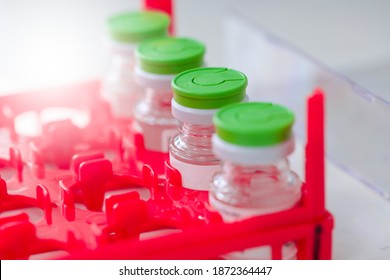 Lab Bottle Vaccine On A Dry Ice Storage. 