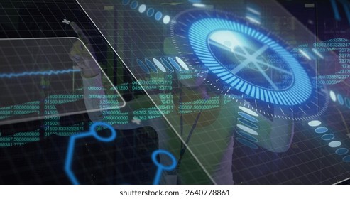 Lab coat engineer manipulating holographic interface in control lab with touchscreen table. Futuristic, data visualization, technology, innovation, visualization, digitalinterface, science