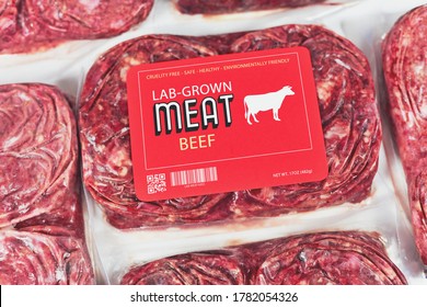 Lab grown cultured meat concept for artificial in vitro cell culture meat production with frozen packed raw meat with made up label