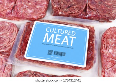 Lab grown cultured meat concept for artificial in vitro cell culture meat production with packed raw meat with made up blue label