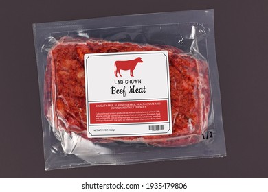 Lab grown cultured meat concept for artificial in vitro cell culture meat production with frozen packed raw meat with made up label on dark background