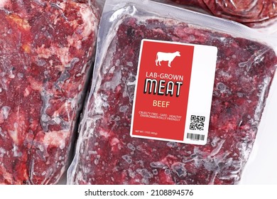 Lab Grown Cultured Meat Concept For Artificial In Vitro Cell Culture Meat Production With Frozen Packed Raw Meat With Made Up Label