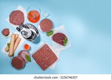 Lab grown meat alternatives concept, Various laboratory grown meat types red and white meat with microscope, laboratory accessories, measuring utensils 