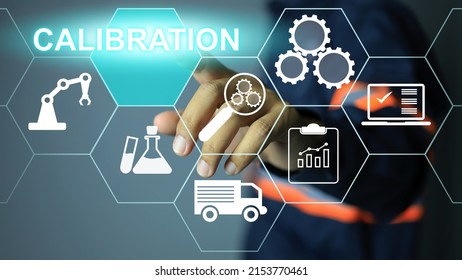 Lab instrumentation engineer or technician pointing to click touch press to activate calibration icon intermediate check or calibration. Annual cycle of machinery in the industrial linking document