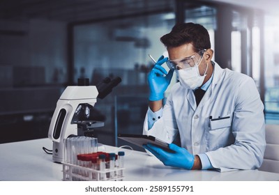 Lab, samples and man with tablet, scientific research and data collection for test results, tech or PPE. Clinic, medical professional and investigation for cure of cancer, immunotherapy or treatment