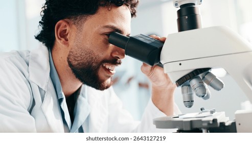 Lab, scientist and man with microscope, study and analysis for drug development or cure for disease. Clinic, medical professional and person with tech for healthcare, pharmacologist and biotechnology