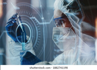 Lab Technician Wearing Safety Goggles And Mask And Pipetting Out Chemical Mixture To Test Tube. Researcher Developing Effective Anti-coronavirus Vaccine Or Treatment. Futuristic Graphic Interface