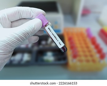 Lab Technologist Holds Blood Sample For BRCA1 And BRCA2 Test With Laboratory Background.