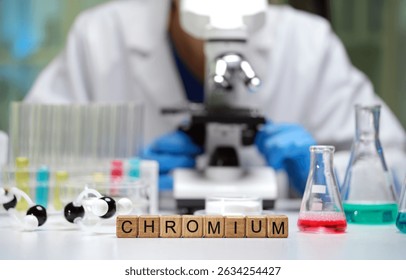 In the lab, we explore Chromium with a microscope and colorful beakers of various chemical solutions