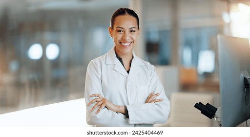 Lab woman, arms crossed and scientist smile for job experience, medical research or pharma investigation. Portrait, laboratory study or professional person working on healthcare science development - Powered by Shutterstock