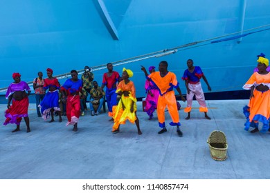 LABADEE, HAITI - MAY 01, 2018: local music group singing and greeting tourists from docked in Labadee, Haiti on May 1 2018.