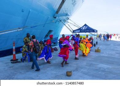 LABADEE, HAITI - MAY 01, 2018: local music group singing and greeting tourists from docked in Labadee, Haiti on May 1 2018.
