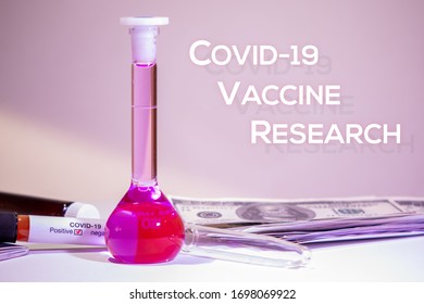 Labaratory Sample Liquid Covid-19 Coronavirus Research For Vaccine Cost Concept With Money And Labaratory Equpment 