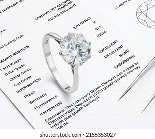 Lab-Created Diamond on Lab Diamond Report Background. Ethical Diamond Photograph.