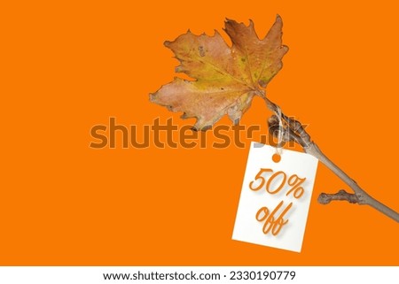 Label with fifty percent discount on ticket, discount tag with yellowed leaf on twig. Autumn or winter sale concept idea with space for text.