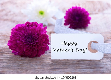 Label With Happy Mothers Day And Purple Flowers