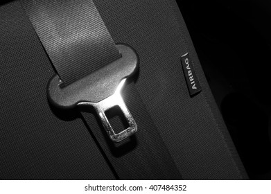label image on the automotive air bag device for safety in the car with the hook of the side seat belt - Shutterstock ID 407484352