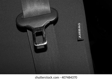 label image on the automotive air bag device for safety in the car with the hook of the side seat belt - Shutterstock ID 407484370