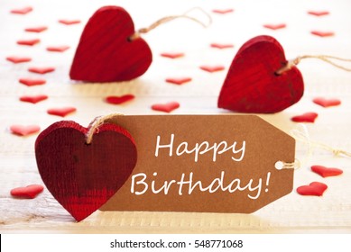 Label With Many Red Heart, Text Happy Birthday