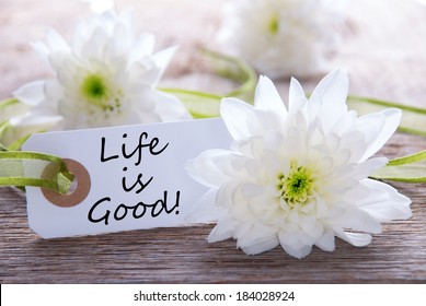 Label with the Text Life is Good an Wood with White Blossoms